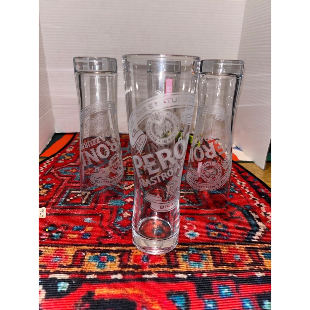 Peroni Nastro Azzurro Tall Pilsner Beer Glass Set of 4 Clear Frosted Logo